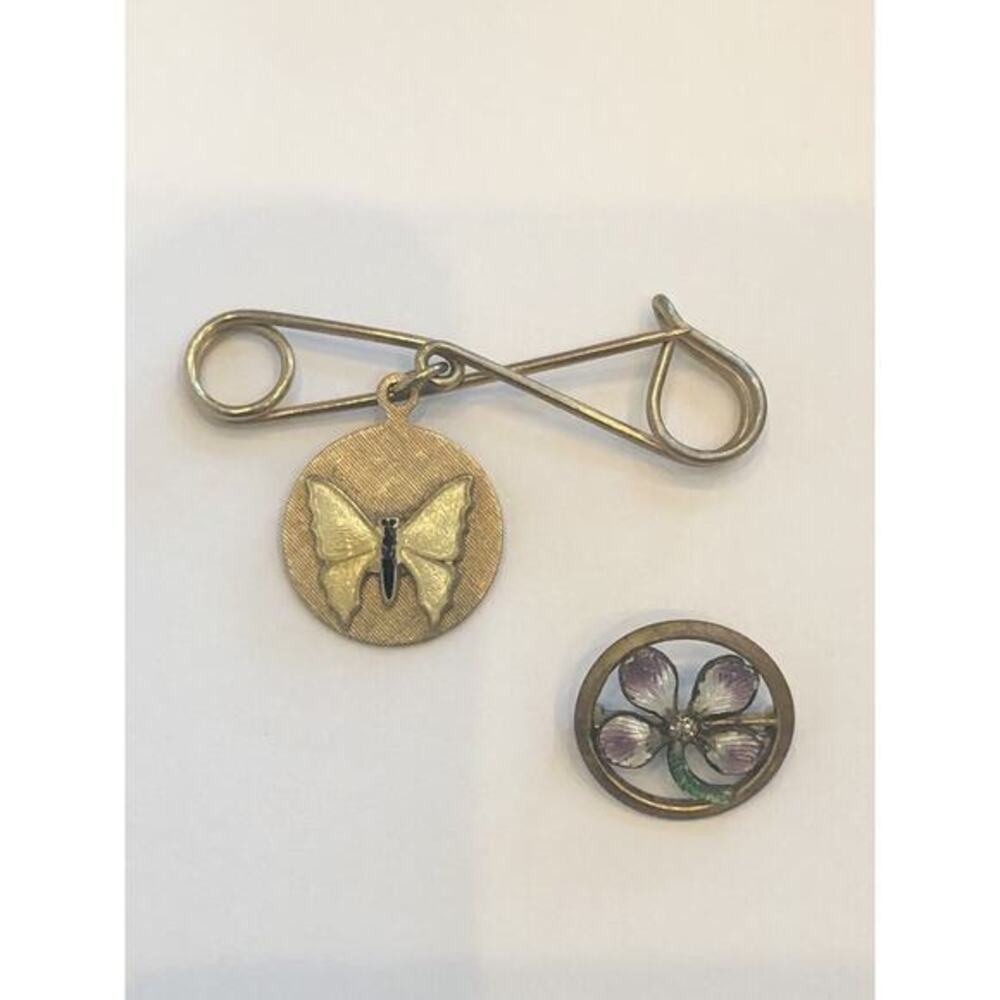 Set Of 2 MCM Enamel Butterfly Flower Pins